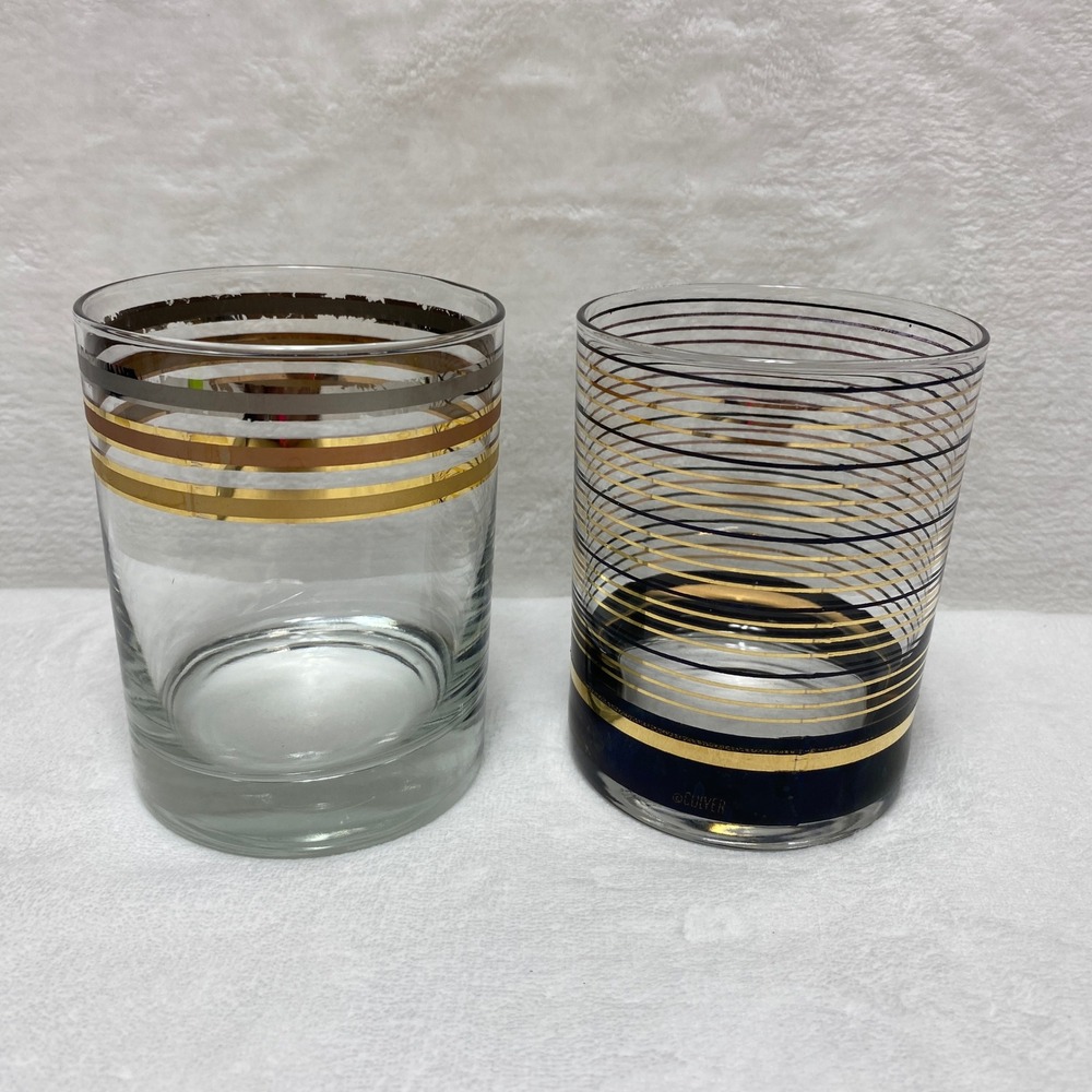 Set of 2 VTG Culver Striped Black & 22k Gold MCM Whiskey Lowball Glasses MCM